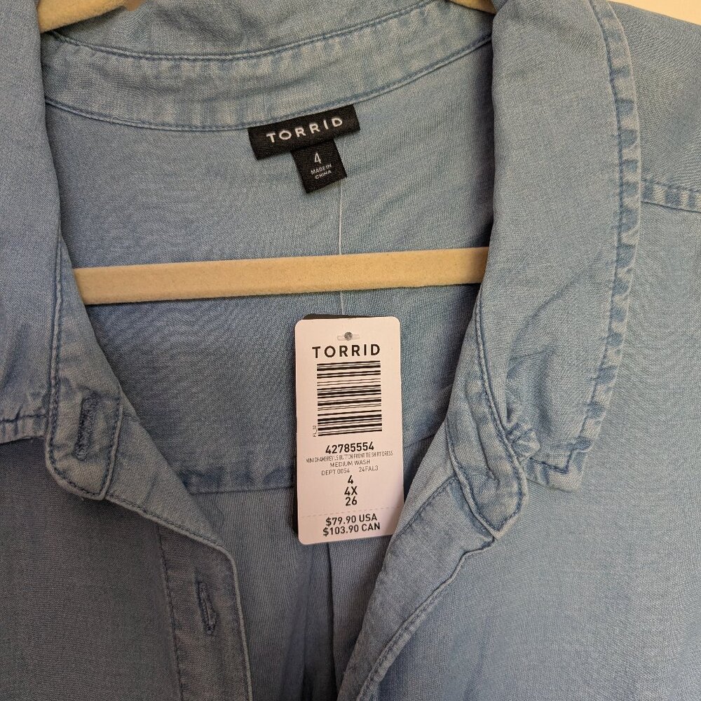 TORRID Mini Chambray Long Sleeve Button Front Tie Shirt Dress SIZE 4 - Picture 3 of 3